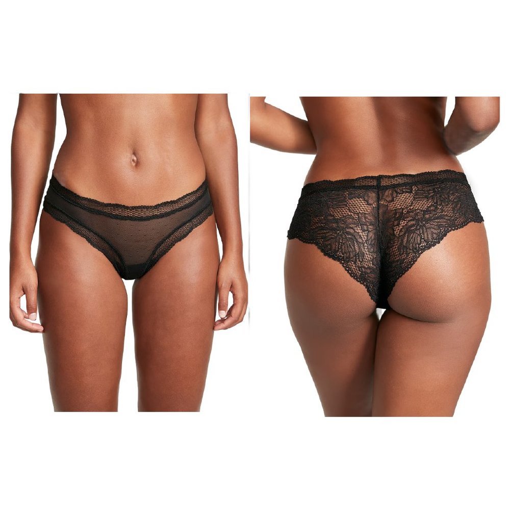 Victoria's Secret The Lacie Cheeky Panty Floral Lace Mesh Detail, Black Low-Rise